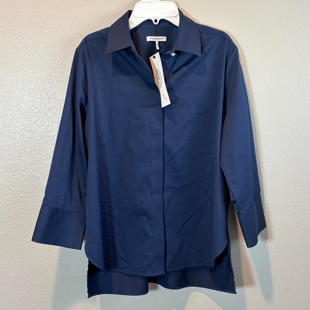 Foxcroft navy blue button-up blouse with 3/4 sleeves, size S